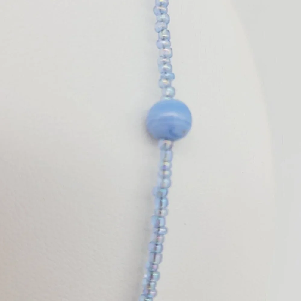 Blue Swirl Glass Beaded Necklace AB Seed Beads 20